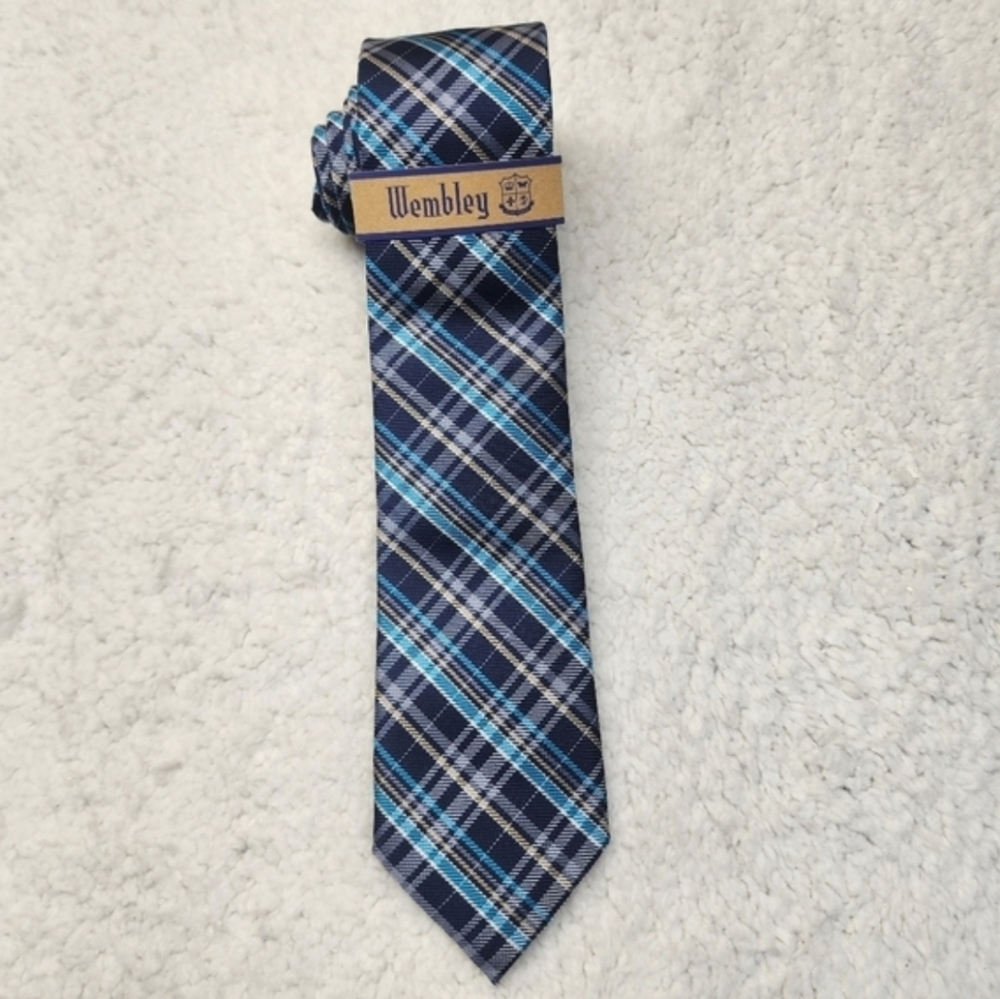 Wembley Aqua Blue Plaid Men's Tie - Picture 8 of 8